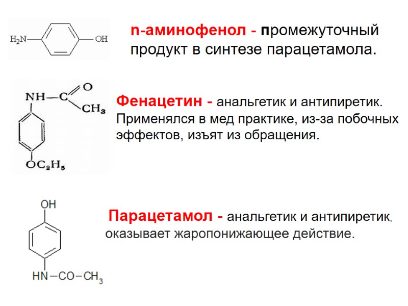 n-аминофенол - промежуточный продукт в синтезе парацетамола.  Парацетамол - анальгетик и антипиретик, оказывает